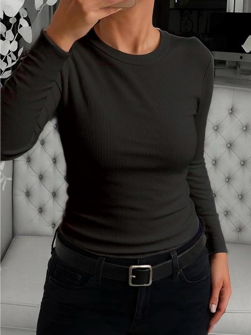 Amazon Black Ribbed Long-Sleeve Crewneck Top for Women